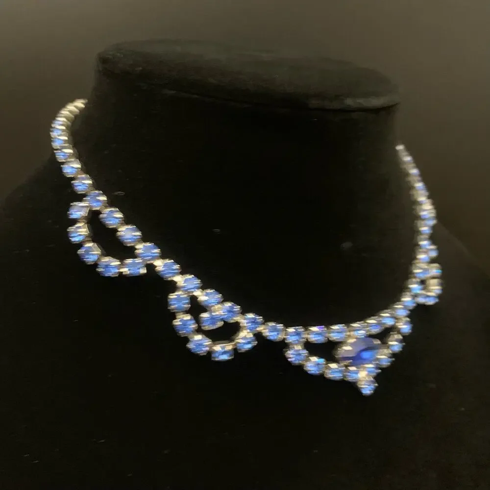 Vintage Blue Marquis & Chaton Rhinestone Statement Necklace